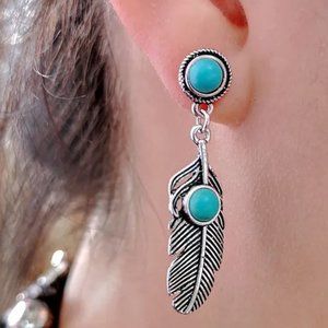 Bohemian Southwestern Aged Antique Silver & Turquoise Feather Drop Earrings NEW